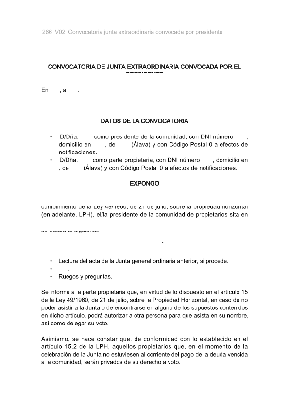 Convocatoria para Junta Extraordinaria con Plazo